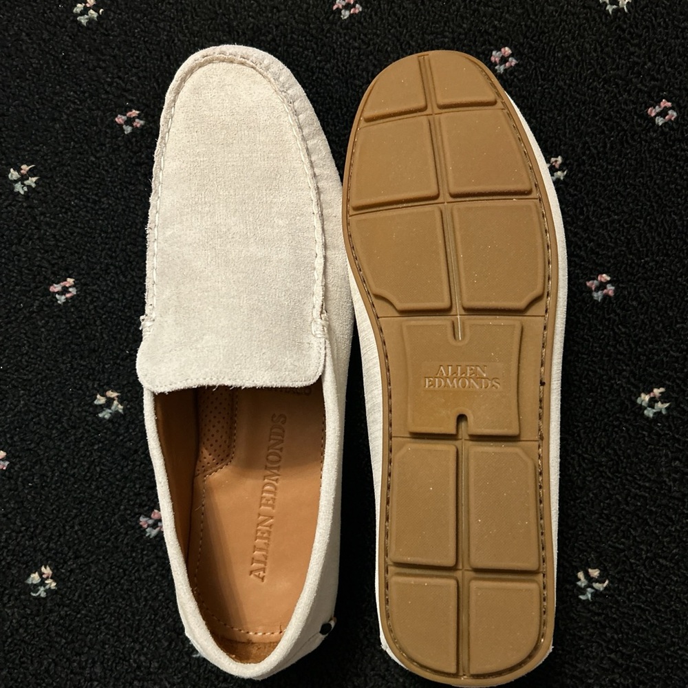 Allen Edmonds Cream Suede Slip-On Loafers with Tan Sole